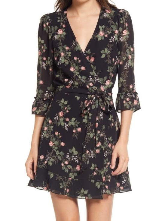 Reformation Dresses & Skirts - Reformation Zoe Black Rose Floral Ladybug Print Ruffled Mini Wrap Dress Small